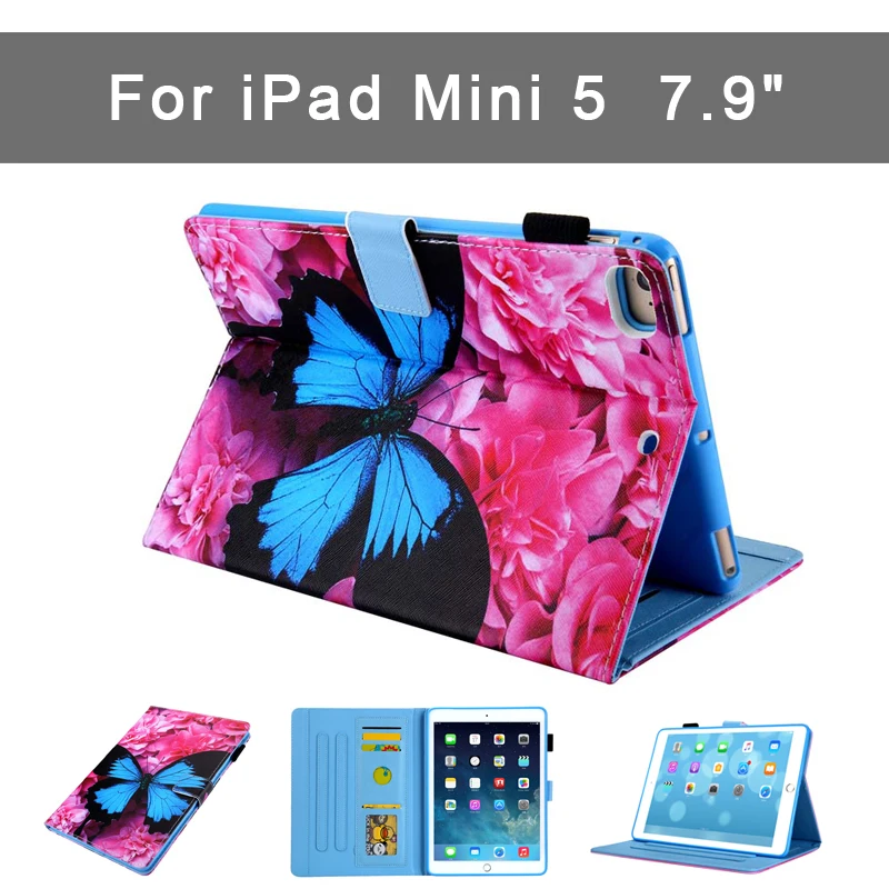

New Case for iPad mini 5 hard back Flip smart stand cover pu+tpu Printed case For Apple Ipad mini 5 7.9 inch Can insert cards