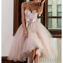 Короткое неформальное свадебное платье без бретелек, пляжное платье невесты длиной до колена, распродажа, Розовые Свадебные платья из фатина