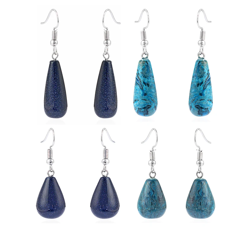 

1 Pair Ethnic Blue Sand Stone / Blue Crazy Onyx Water Drop Tears Pendants Charms Earring Silver Tone Hook Earring For Women