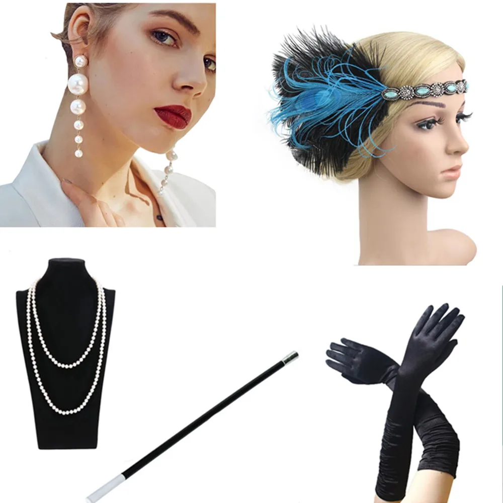 

Women's Pearl Earring Feather Headband 5pcs Set Gloves Necklace Flapper Cigarette Holder 1920S Great Gatsby Headwear