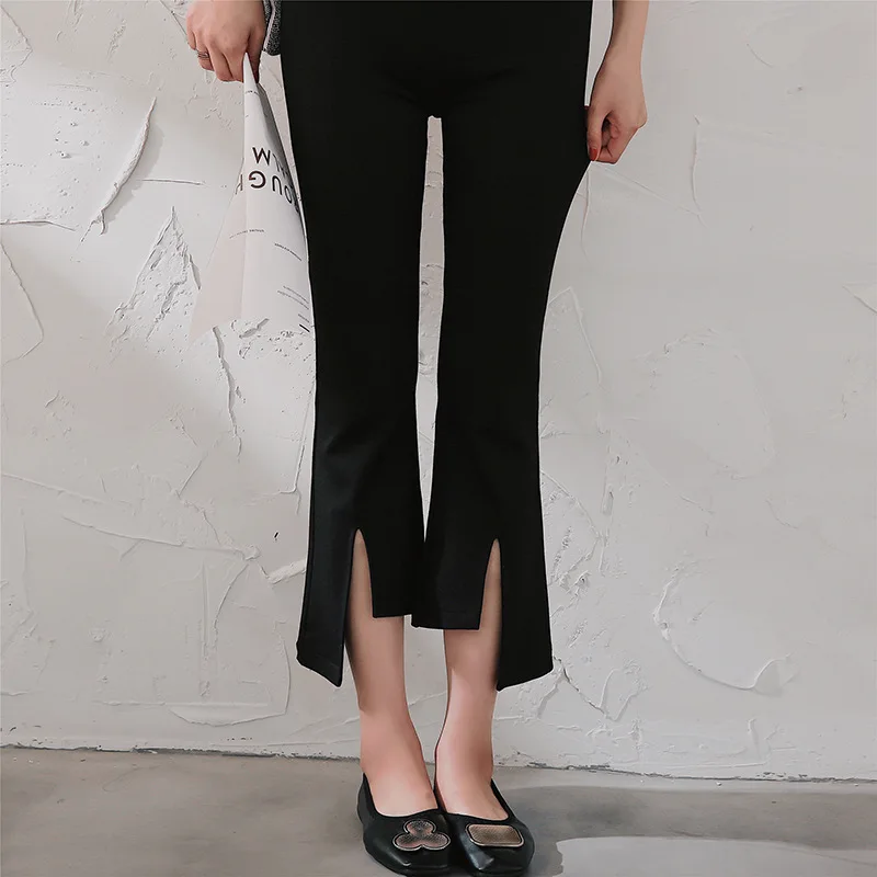Split casual flare pants Korean version of high waist stretch fashion temperament nine pants women wide leg plus size trousers Split casual flare pants Korean version of high waist stretch fashion temperament nine pants women wide leg plus size trousers