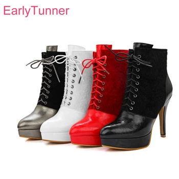 

Brand New Hot Women Platform Ankle Boots Red Black White Lace up Lady Dress Shoes Horse Fur High Heels EL3S Plus Big size 32 46