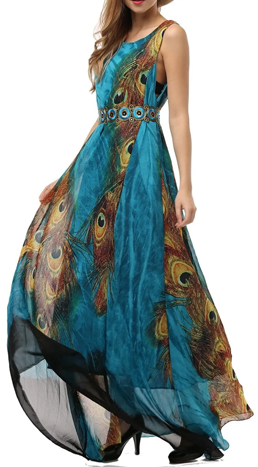 Women's Dresses Peacock Printed Bohemian Summer Vestidos Maxi Dress