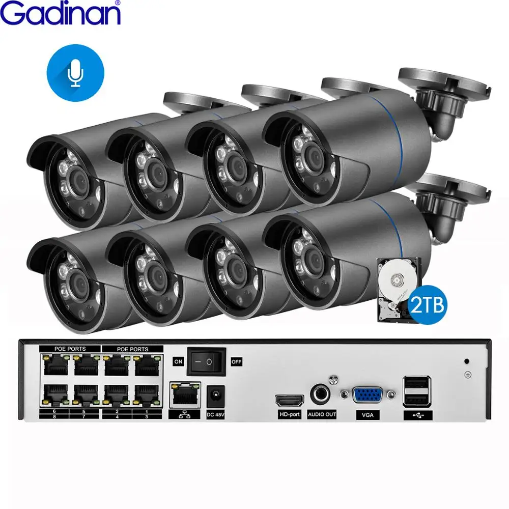 Gadinan 8CH 5MP POE NVR CCTV System Kit 3.0MP 2304x1296P Audio IP Camera P2P Outdoor IR Night Visio