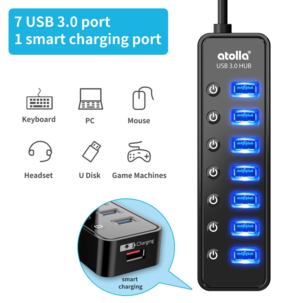 Atolla USB 3,0 концентратор 7 портов USB разветвитель с переключателями+ 1 умный порт зарядки, высокоскоростной USB разветвитель 5 Гбит/с, с адаптером питания