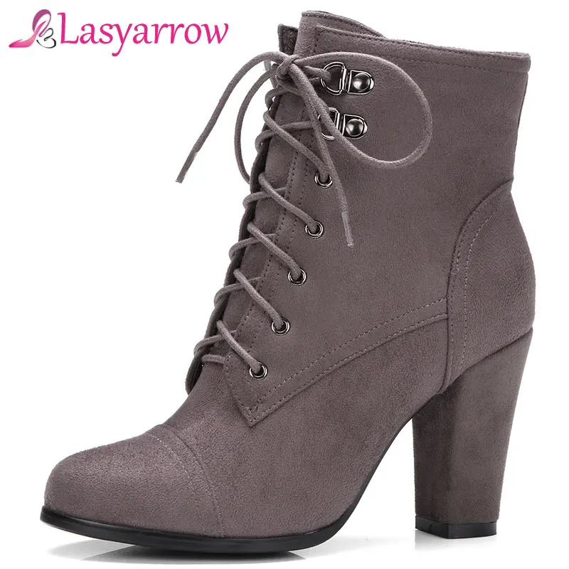 

Lasyarrow Plus Size Ankle Boots For Women Platform High Heels Female Lace Up Shoes Woman Short Boot Casual Ladies Footwear F155