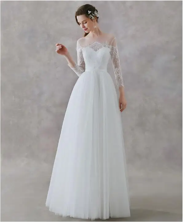 Новое роскошное кружевное свадебное платье с длинным рукавом, Пляжное свадебное платье для кантри лужайки, свадебное платье в стиле бохо, свадебное платье Trouwjurk Mariage - Цвет: white