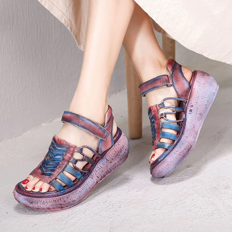 

Vallu 2019 Lady Shoes Platform Sandals Open Toes Ankle Strap Mixed Color Hand Paint Vintage Genuine Leather Women's Sandals