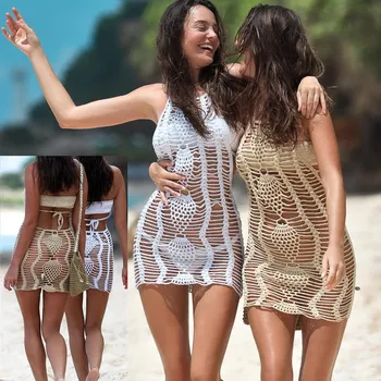 

3-piece set Crochet Beach Mini Dress Summer Bikini Set Cover Up Sexy Woman Boho Dress Cocktails