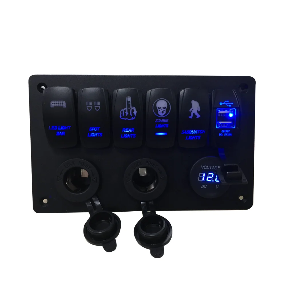 Iztoss Digital Voltmeter+dual USB + Power Outlet Socket * 2 blue voltmeter aluminum Flush Mount 6 gang rocker switch Panel | Автомобили и
