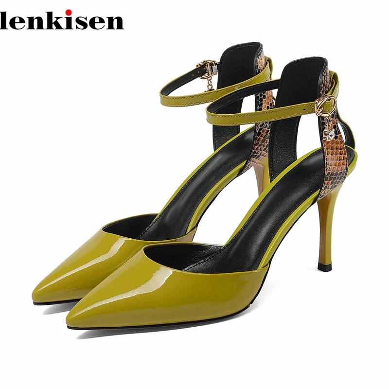 

Lenkisen 2018 new arrival pointed toe genuine leather high heels metal decoration shoes European pendant crystal women pumps L21