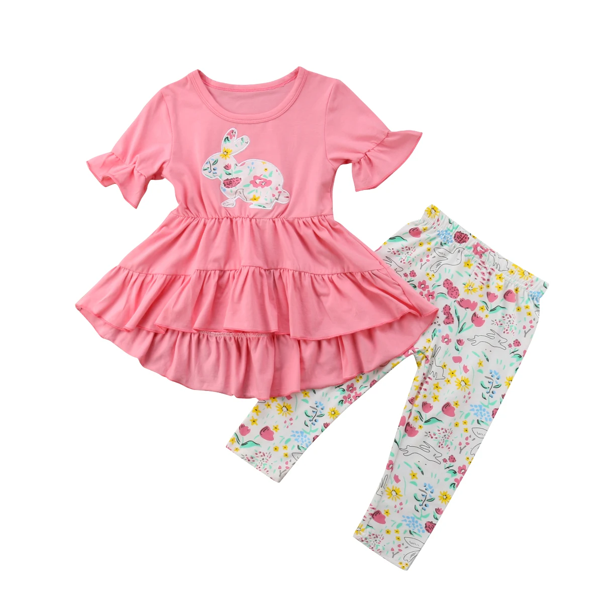 NEW Easter Bunny Rabbit Girls Pink Ruffle Tunic Shirt Leggings Outfit Set