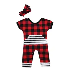 Летняя одежда для новорожденных комбинезон для младенцев мальчиков девочек в красную клетку короткий рукав комбинезон Детский комбинезон