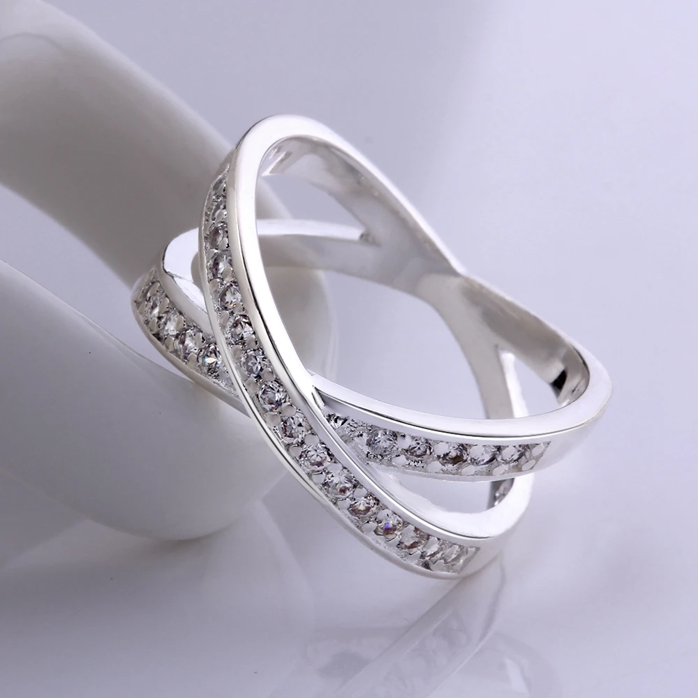 Fashion Twisted Cross Ring with Rhinestone Engagement Rings Silver