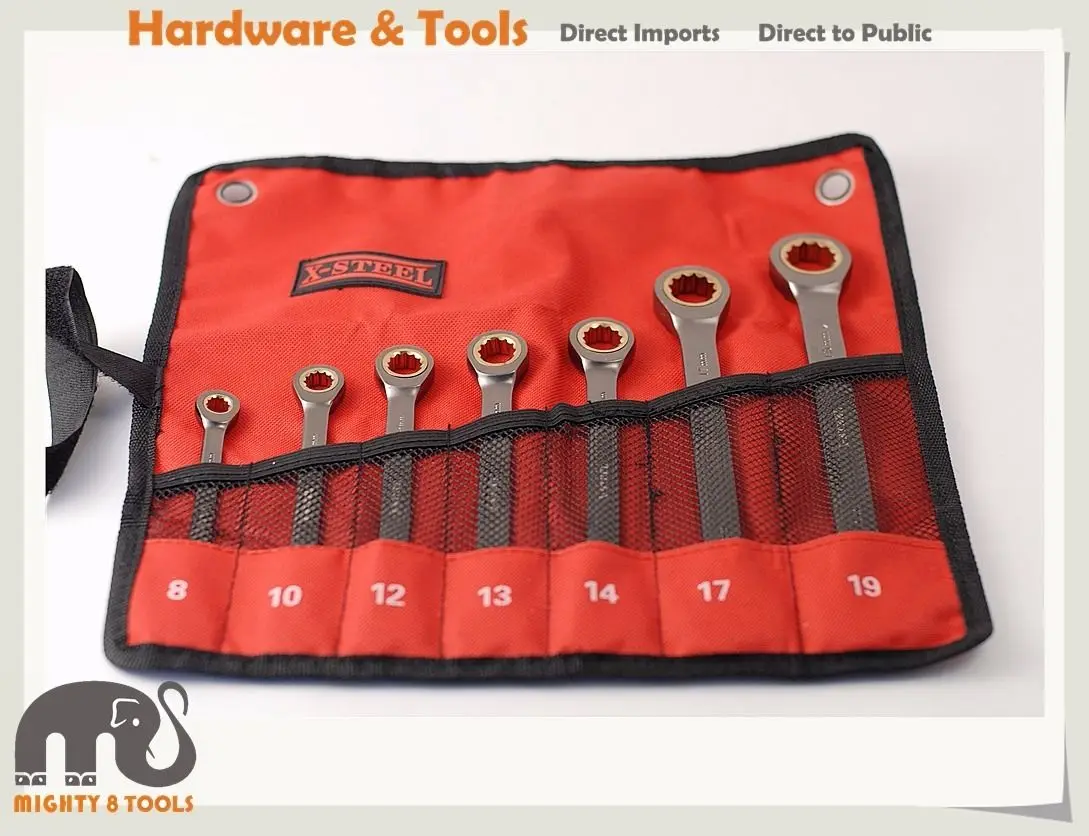 

X-Steel 7pc Cr-V Ratcheting Ratchet Combination Ring Open Spanner Set (8-19mm)
