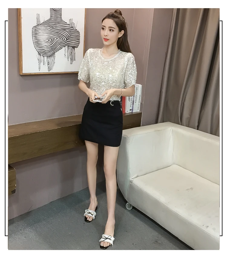 SZMXSS, летняя одежда, Корейская версия, Супермодная женская футболка с круглым вырезом и коротким рукавом, прозрачная, мешковатая, тонкая, с блестками