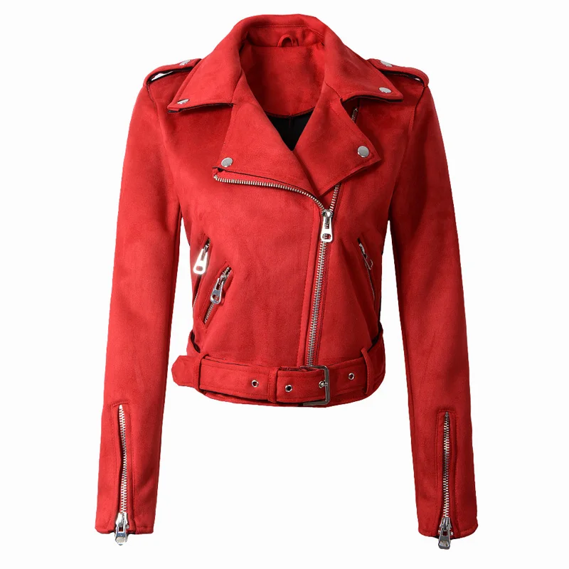 Ly Varey Lin Новая Осенняя Женская мотоциклетная куртка из искусственной замши красная, розовая, черная куртка из искусственной кожи Верхняя одежда в стиле панк с поясом