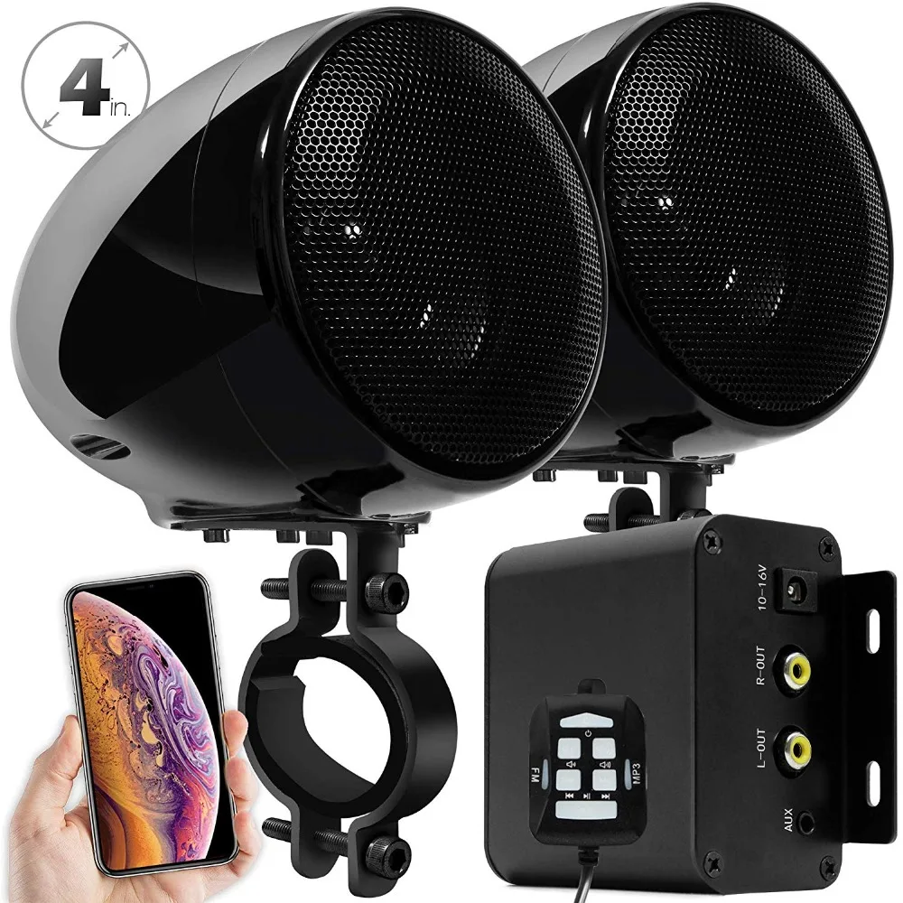 

Aileap M150 Motorcycle Audio Set with Stereo 2ch Amplifier, 4 Inches Waterproof Speakers, Bluetooth, FM Radio, AUX MP3 - Black