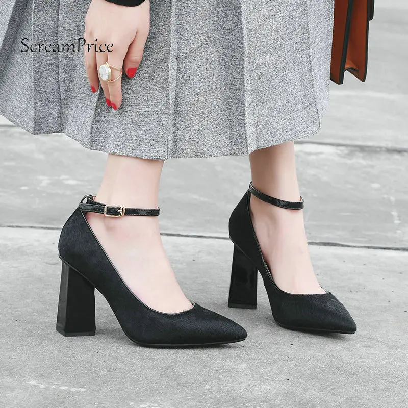 

The New Woman Horsehair Square High Heel Buckle Pumps Fashion Pointd Toe Dress High Heel Shoes Woman Black Wine Red