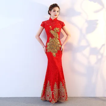 

Bride Vintage Cheongsam Long National Chinese Dress Red Qi Pao Women Phoenix Embroidery Traditional Evening Gown Qipao Pattern