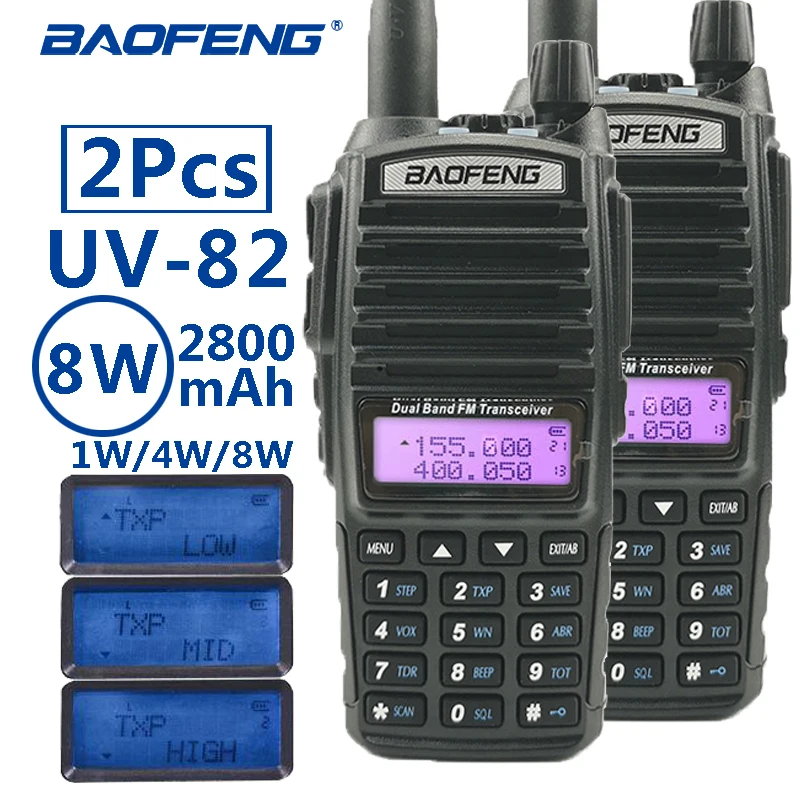 

2Pcs baofeng uv-82 8W portable walkie talkie 10km long range vhf/uhf dual band ham cb radio station uv 82 transceiver hunting