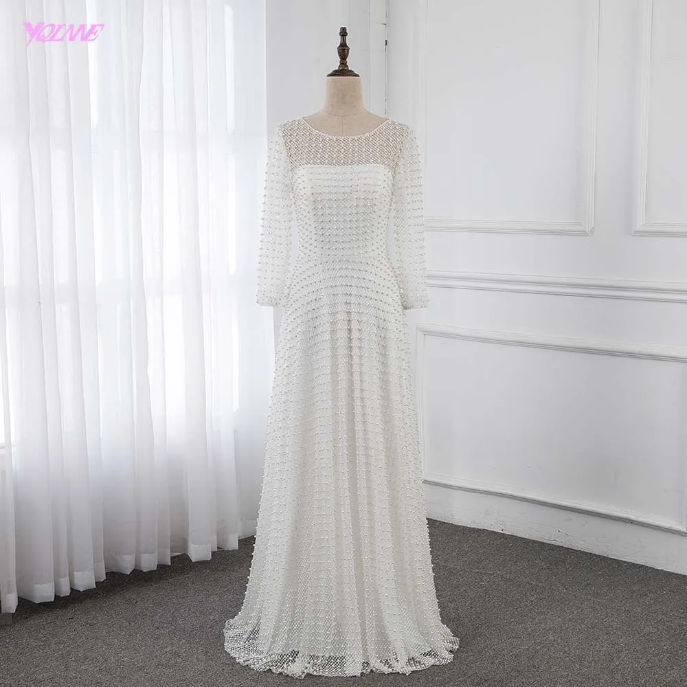 

Elegant Ivory Pearls Wedding Dress Long Sleeve Bridal Gown Vestido De Noiva