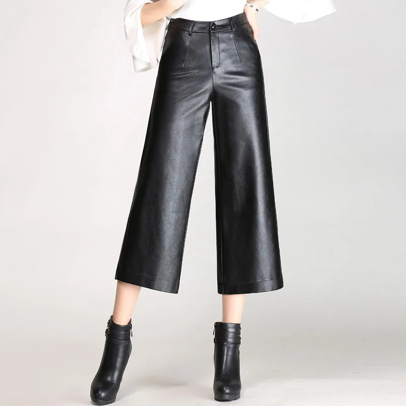 

Ladies Leather Calf Length Summer Cropped Pants Fashion Solid Black Female High Waist Wide Leg Denim Pants Panties S to 4XL