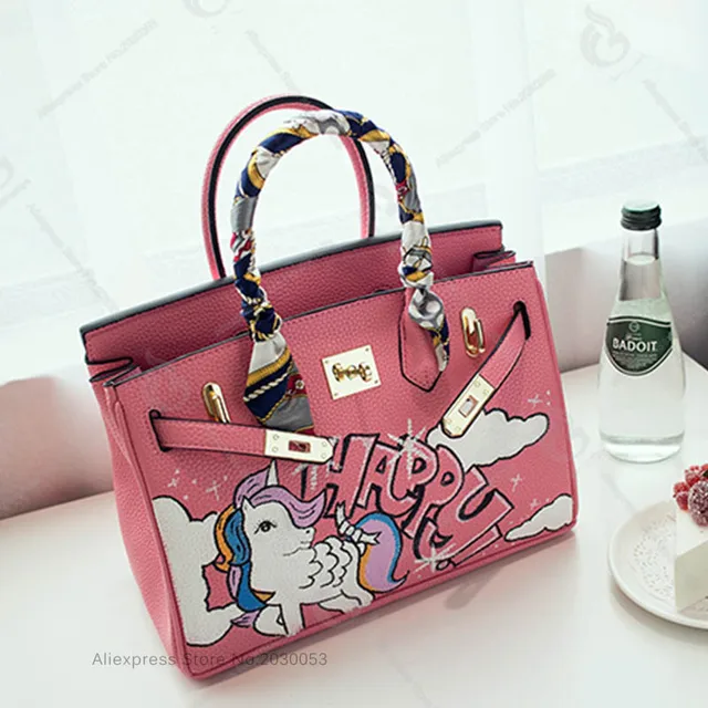 Real Leather Crossbody Bags Hand Painted Pink Little Pony Handbags Real Leather Crossbody Bags Hand Painted Pink Little Pony Handbags 40cm Large Messenger Bag Togo
