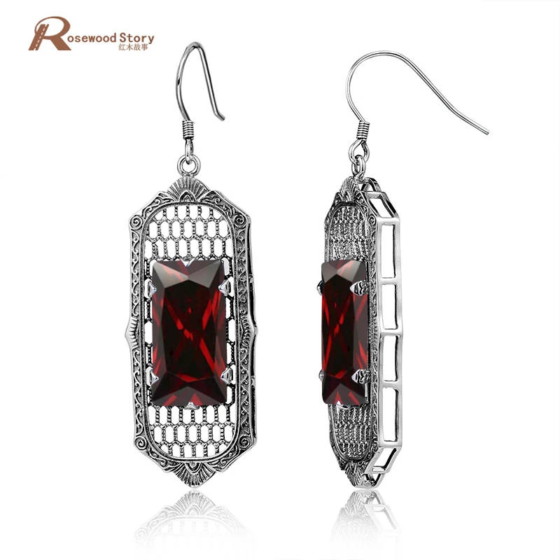 

Fashion Vintage Earrings Red CZ Rhinestone Crystal Women Girlfriend Gifts 925 Sterling Silver Evening Long Earring brincos
