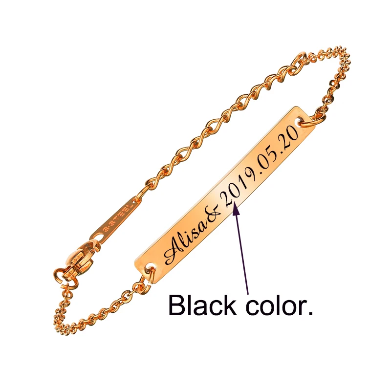 Rose gold black UZone Baby Custom Name Bracelet Stainless Steel Adjustable Toddler Child ID Personalized Engraved Bar Girl Boy Gift BFF - Окраска металла: Rose gold black