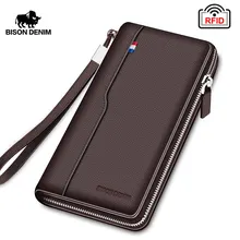 BISON DENIM мужской кошелек из натуральной кожи, Большой Вместительный держатель для карт из воловьей кожи, кошелек для денег для мужчин, качественный кошелек на молнии для монет N8226