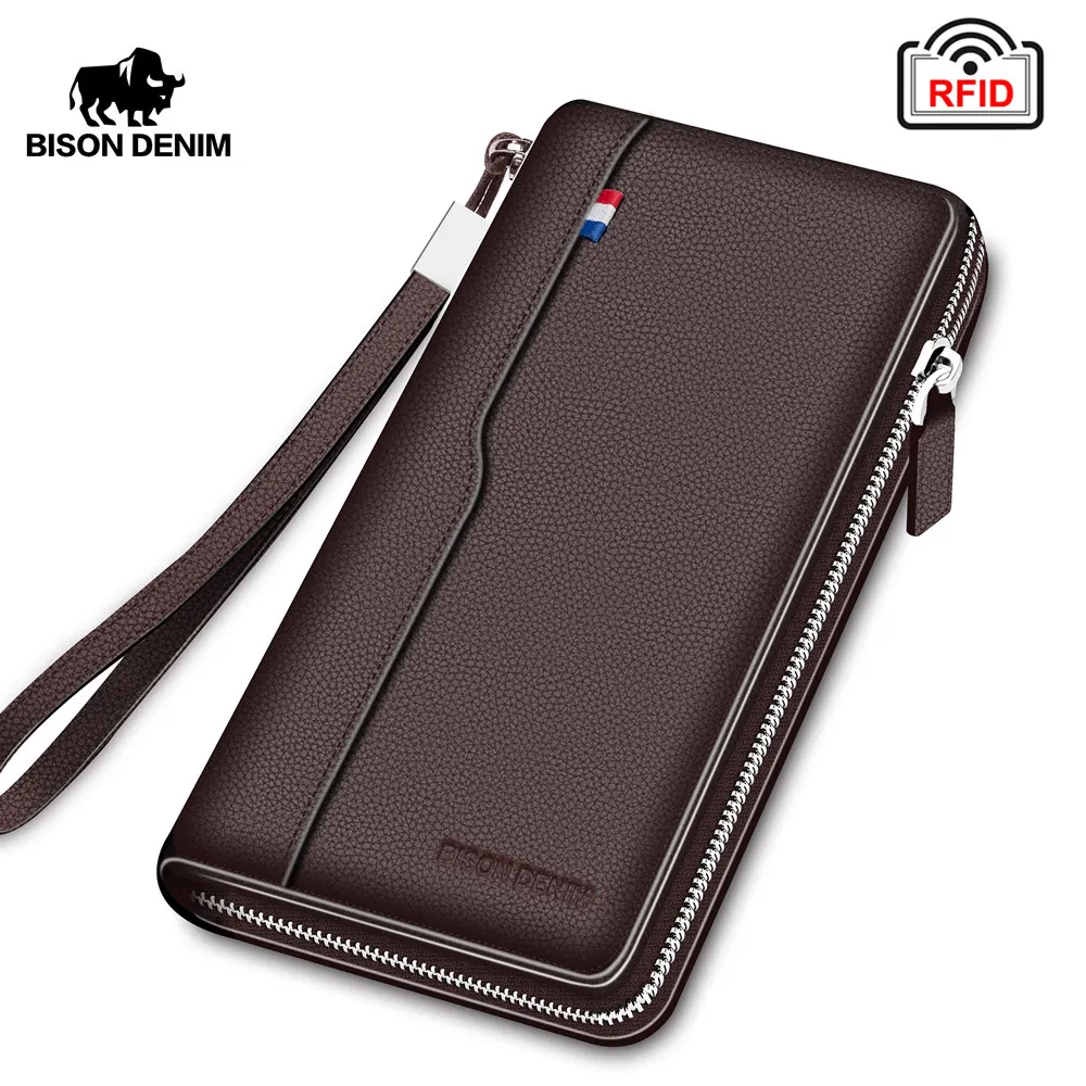 Дешево BISON DENIM мужской кошелек, натуральная кожа, большая емкость, держатель для карт, Воловья кожа, кошелек для денег, для мужчин, качественная молн...