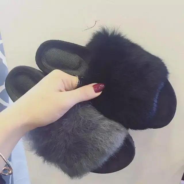 

Women's Rabbit Fur Slipper Real Fur Summer Flat Beach Slipper Flip Flop Loafers Female Outdoor Fashion Comfortable Lady Shoe
