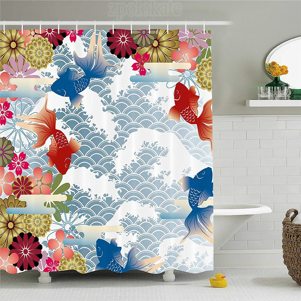Japanese Shower Curtain Traditional Flowers Print for Bathroom