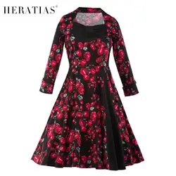 Винтаж Цветочный принт лоскутное квадратный Средства ухода за кожей Шеи Fit And Flare Dress Одри Хепберн одежда с длинным рукавом Повседневное