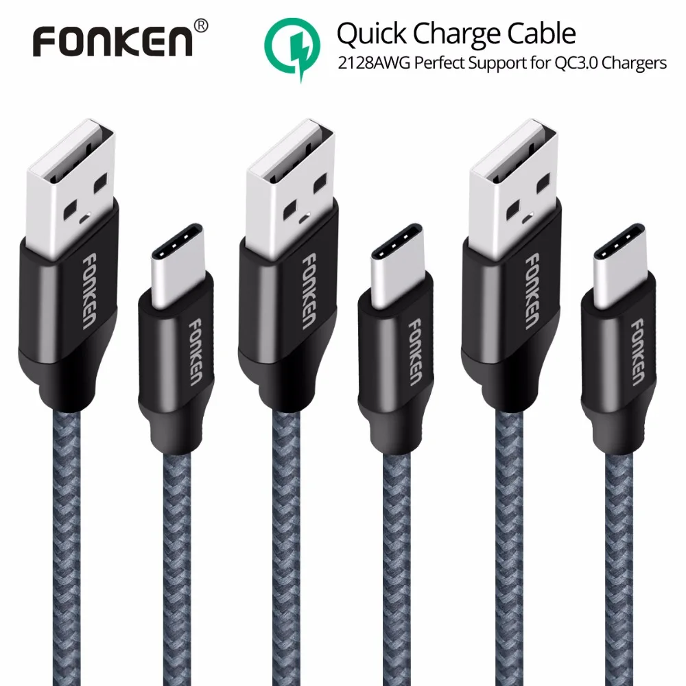 

3PCS FONKEN USB Type-C Cable Quick Charger Type C Cable 21AWG Max 2.4A Fast Charging Reversible USB C Cable for Mobile Phone