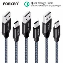 3PCS FONKEN USB Type-C Cable Quick Charger Type C Cable 21AWG Max 2.4A Fast Charging Reversible USB C Cable for Mobile Phone