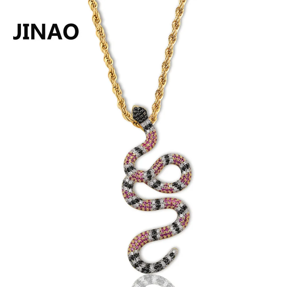 JINAO футболки в стиле хип-хоп с яркими ожерелье медальоном виде змеи Micro Pave