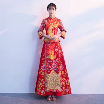 

Traditional Chinese Bride Qipao Red Embroidery Women Wedding Party Formal Dress Gown Phoenix Royal Marriage Cheongsam Suit