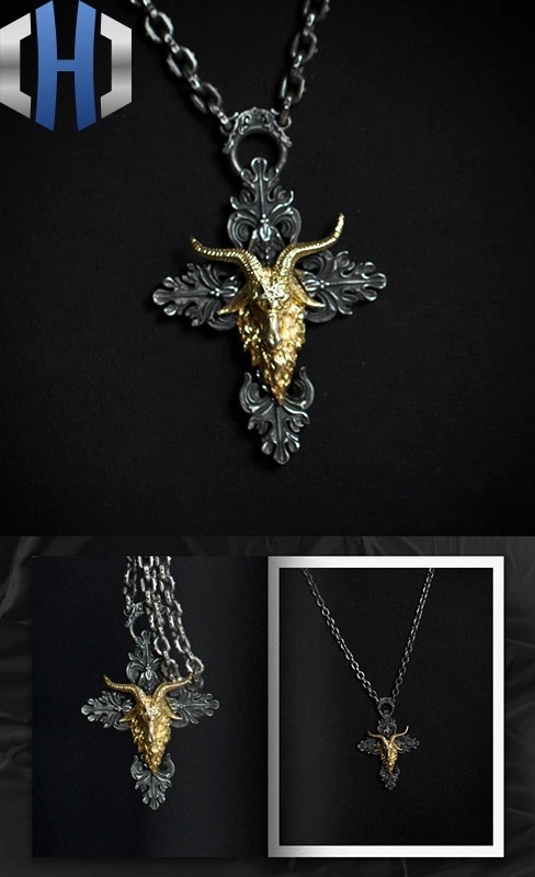 Дизайн ручной работы Серебряный Темный ангел сатана Рог Ожерелье Подвеска крест кулон