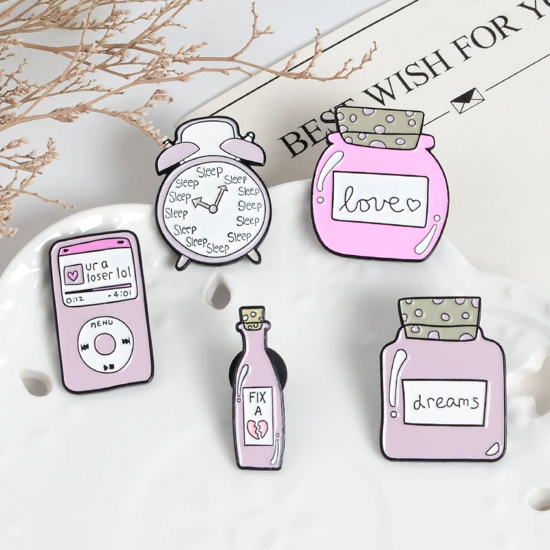 

Pink Cartoon Pin Alarm clock Mp3 Enamel Lapel Brooches Fix a Broken Heart Dreams Love Bottle Cute Badges Jewelry Full girl heart