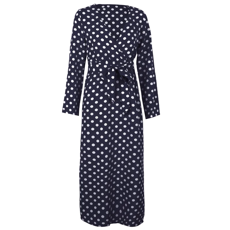 Qunndy 2018 Sexy Long Sleeve V Neck Long Party Maxi Dresses Polka Dot Print Beach Bohemian Vintage Dress Women Casual Vestidos (14)