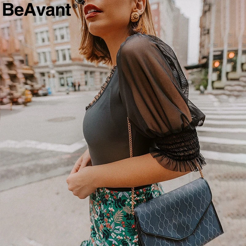 BeAvant قطعة واحدة شبكة مثير داخلية المرأة أنيقة نفخة كم الشيفون ارتداءها بلوزة السيدات اللياقة البدنية بذلة الإناث playsuit