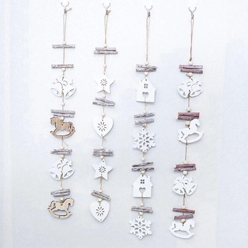 1PC Wooden Craft Christmas Pendant White Star Bell Horse Snowflake DIY House Ornaments For Home Christmas Tree Hanging Decor
