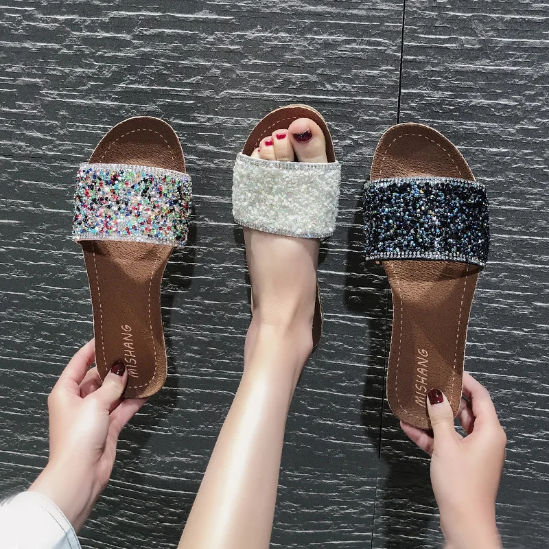 

With Rhinestones Leather Med Modis Rubber Slippers Slides Sandal Male Beach Female Summer 2019 Outside Babouche Ladies Water