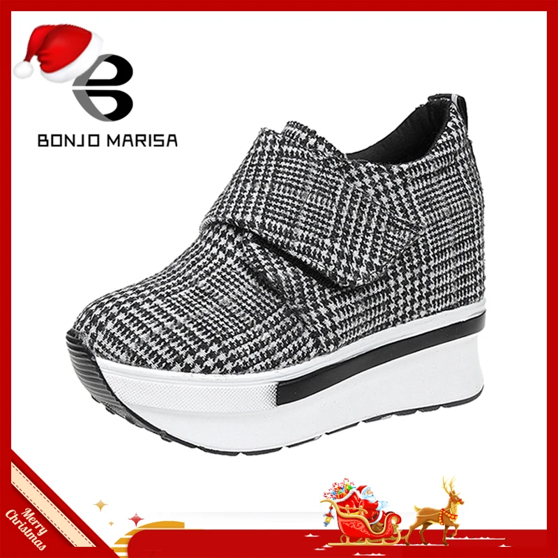 

BONJOMARISA new arrivals big size 35-40 Fashion height increasing Women Shoes Woman hook&loop Lattices spring Lady footwear