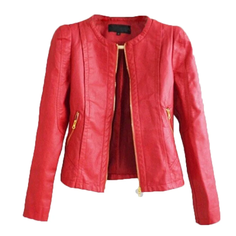 Red Leather Jacket Women 2016 New Fashion Long Sleeve Slim Crewneck