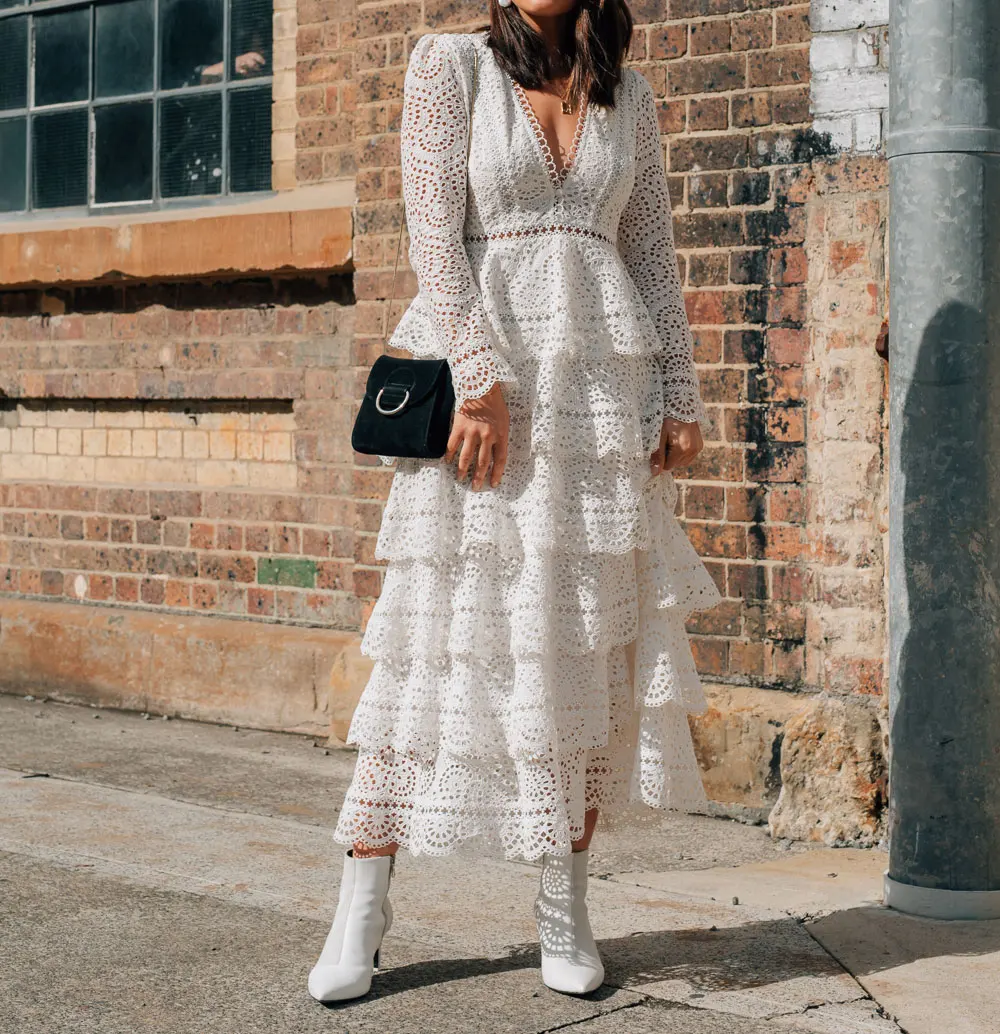 

New Women Broderie Anglaise Bayou Tiered Swirl Long Dress - V Neck Lace Embroidery Layered Ruffled Dress Scalloped Edge Detail