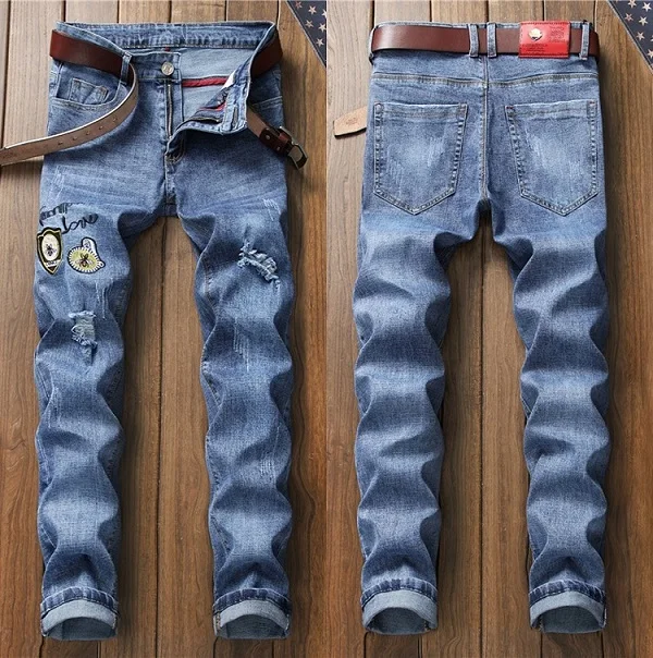 Мужские дизайнерские Стрейчевые тонкие джинсы новые мужские молодежные вышитые вымытые тонкие потертые Лоскутные мотоциклетные брюки средней талии - Цвет: 8605