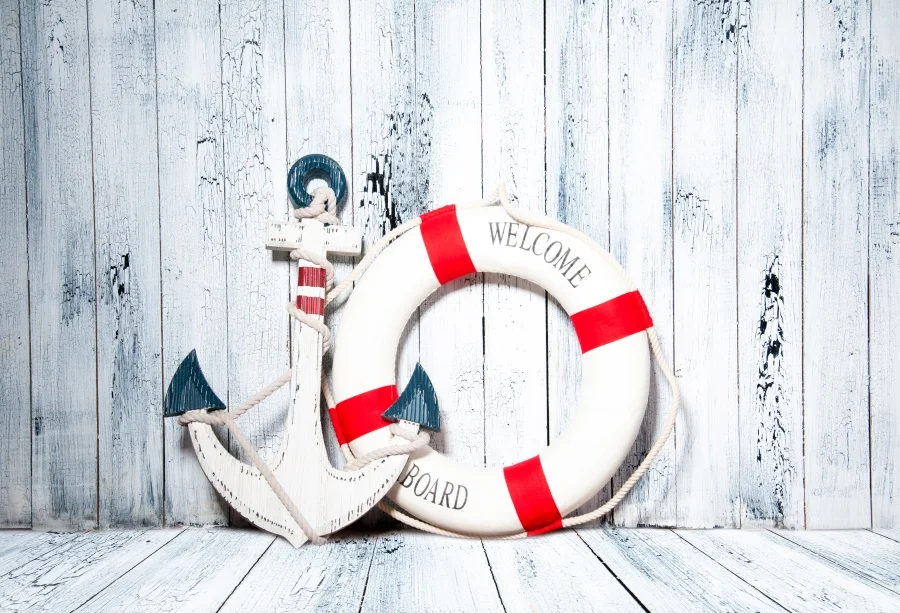 

Laeacco Photography Backgrounds Anchor Life Buoy Wooden Board Floor Scene Baby Customized Photographic Backdrop For Photo Studio